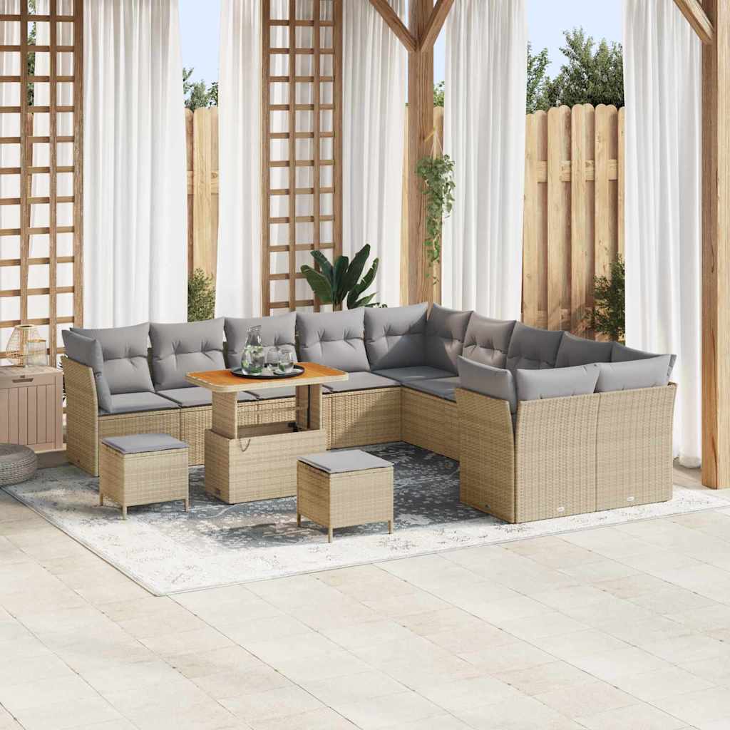 Gartensofa-set mit Kissen 13 pcs Beige und Hellgrau Poly-Rattan