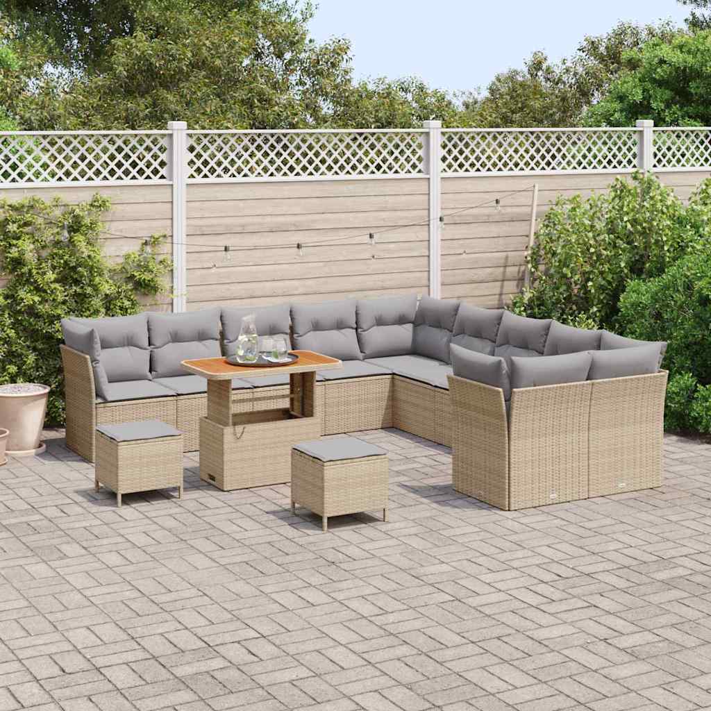 Gartensofa-set mit Kissen 13 pcs Beige und Hellgrau Poly-Rattan