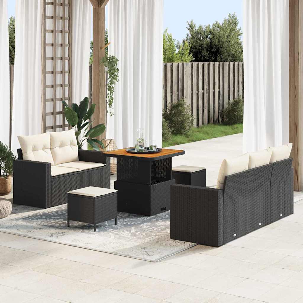 Gartensofa-set mit Kissen 8 pcs Schwarz und Creme Poly-Rattan