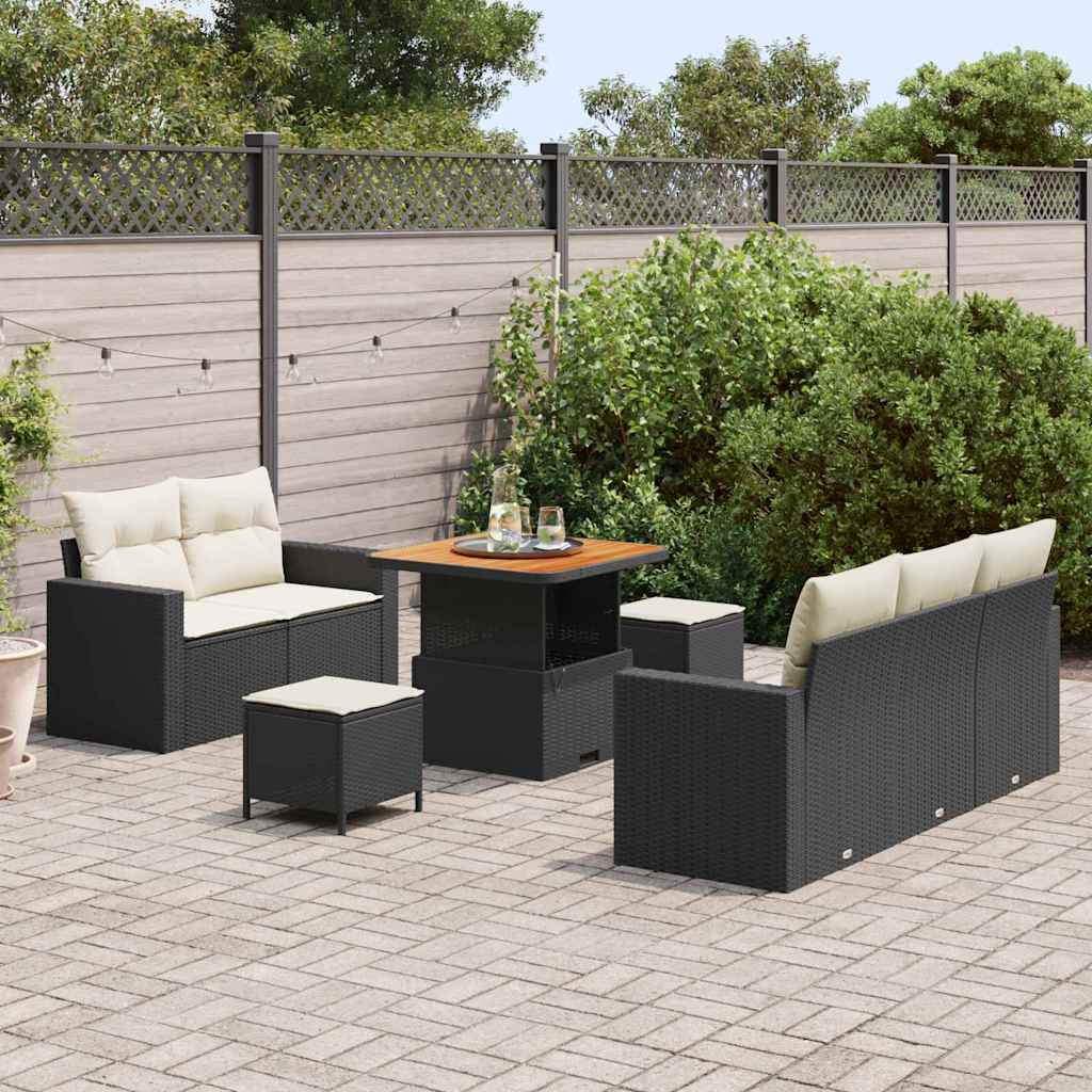 Gartensofa-set mit Kissen 8 pcs Schwarz und Creme Poly-Rattan
