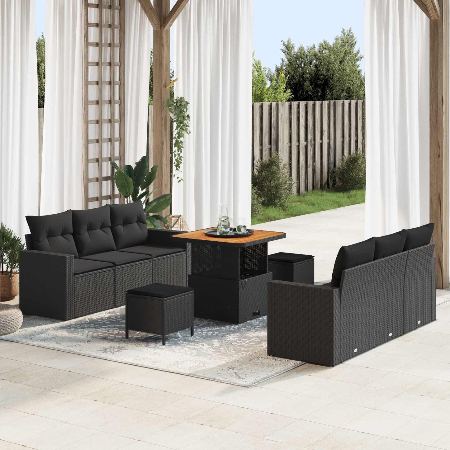 Garten-Sofa-Set mit Kissen mit Speicher 9 pcs Schwarz