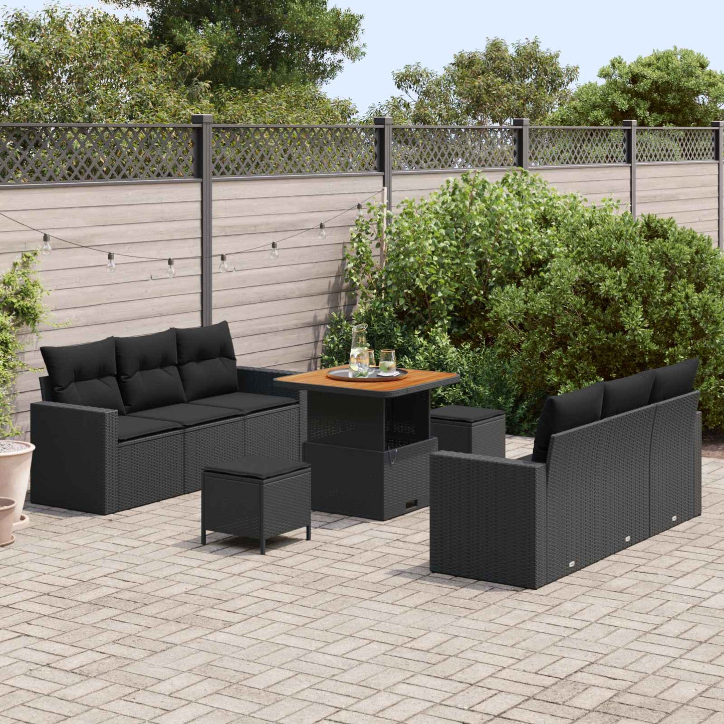 Garten-Sofa-Set mit Kissen mit Speicher 9 pcs Schwarz
