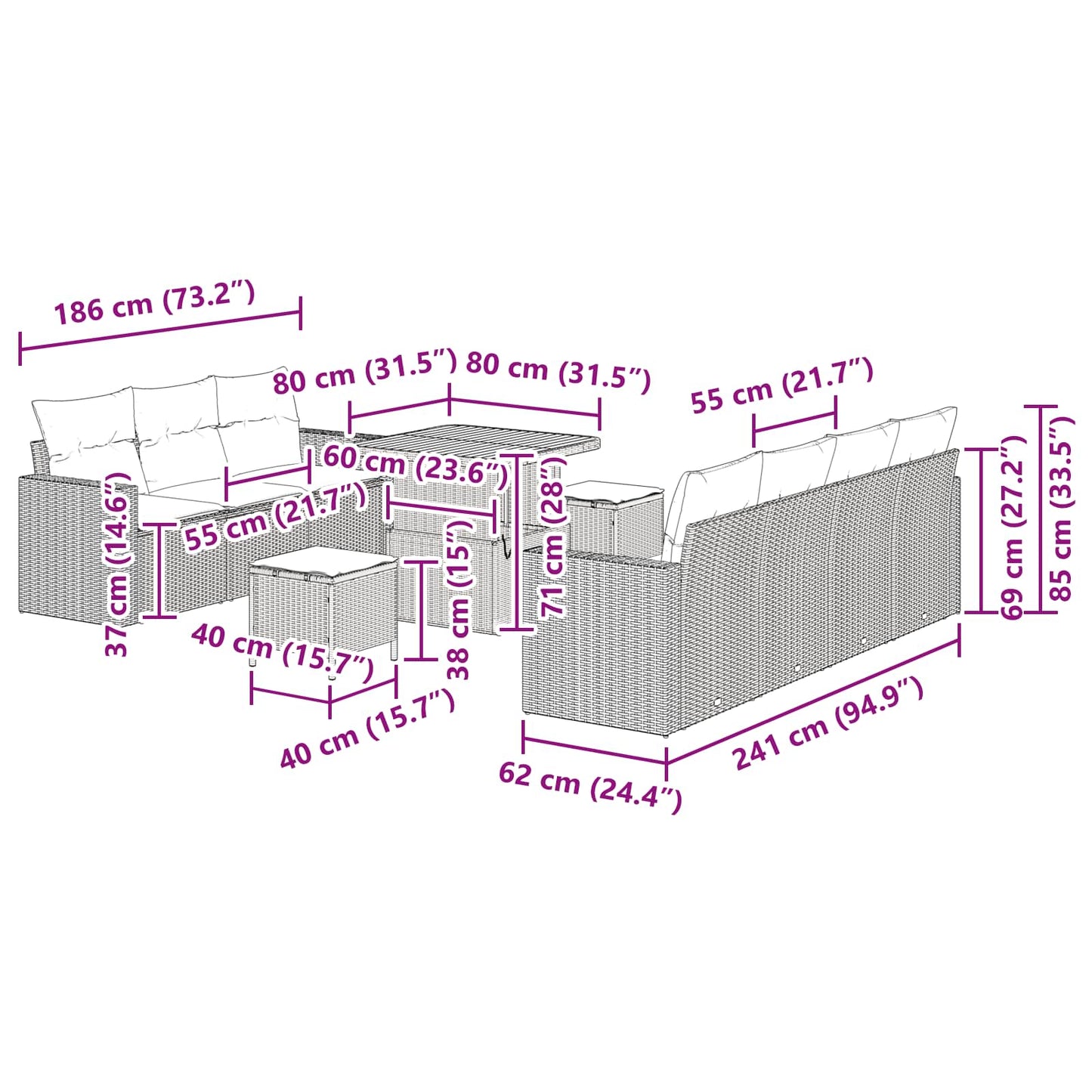 vidaXL Garten-Sofa-Set mit Kissen mit Speicher 10 pcs Schwarz