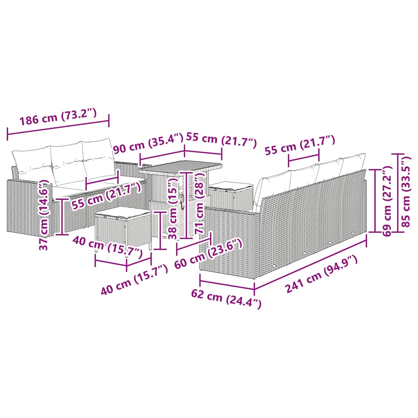 vidaXL Garten-Sofa-Set mit Kissen mit Speicher 10 pcs Schwarz