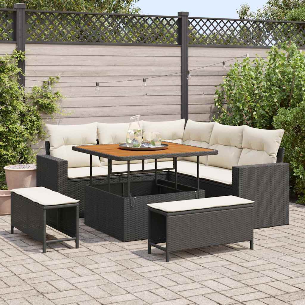 Gartensofa-set mit Kissen 9 pcs Schwarz und Creme Poly-Rattan