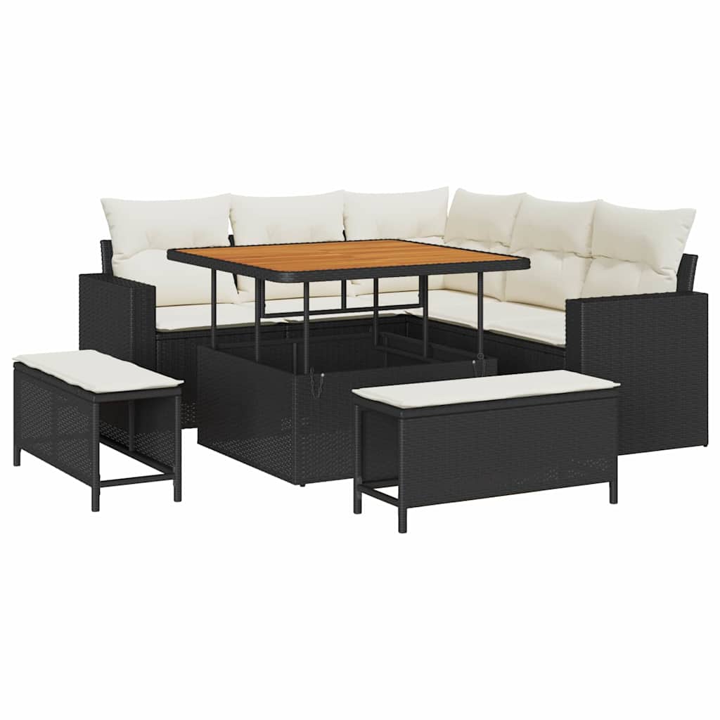 Gartensofa-set mit Kissen 9 pcs Schwarz und Creme Poly-Rattan