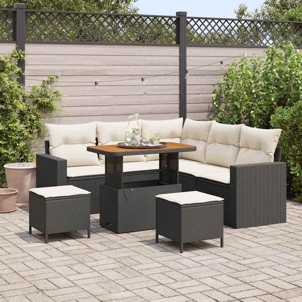 Gartensofa-set mit Kissen 9 pcs Schwarz und Creme Poly-Rattan
