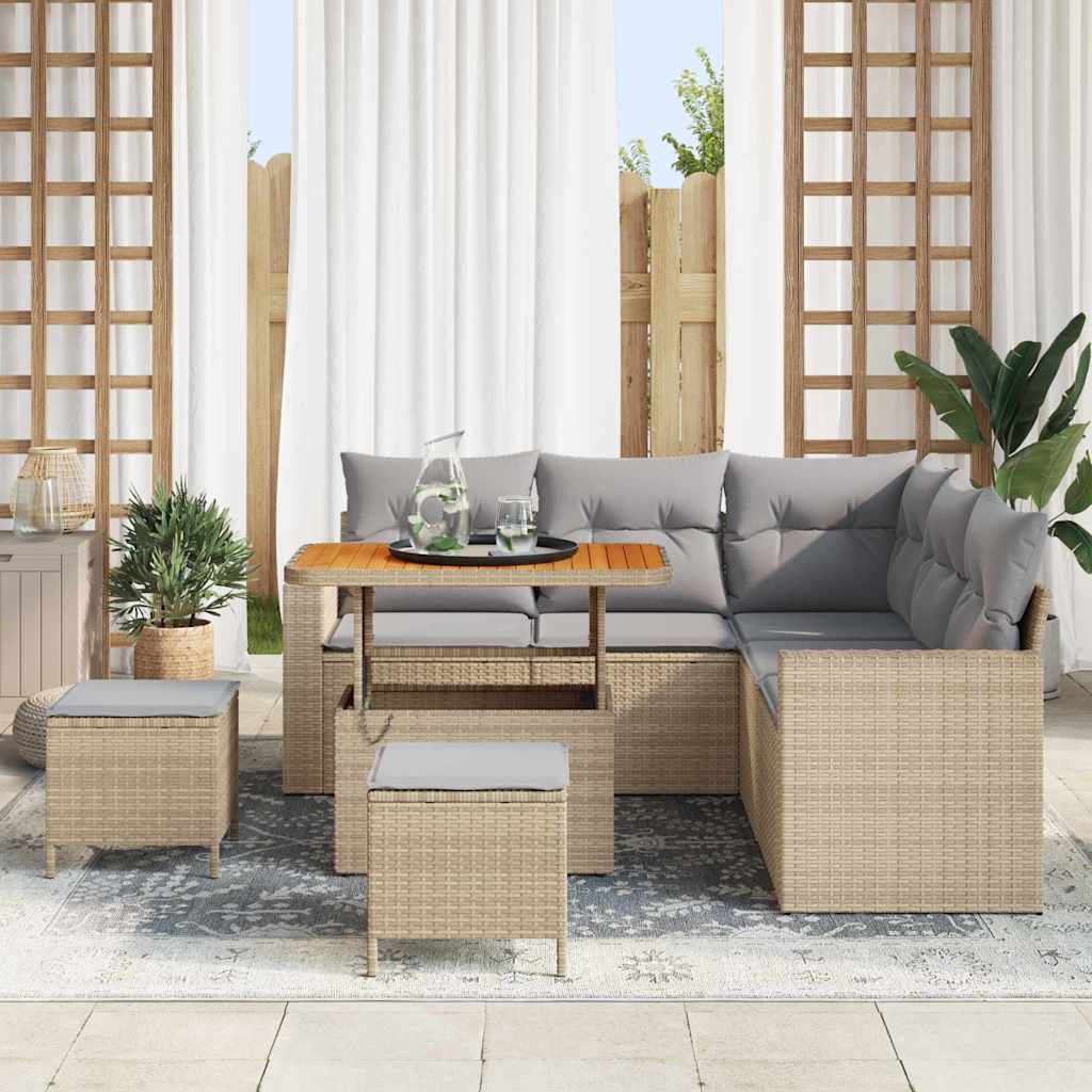 Gartensofa-set mit Kissen 9 pcs Beige und Hellgrau Poly-Rattan