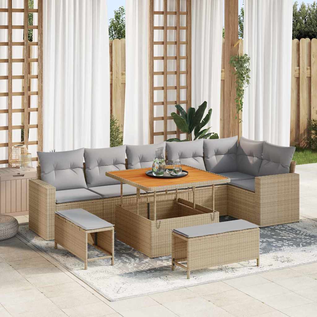 Gartensofa-set mit Kissen 11 pcs Beige und Hellgrau Poly-Rattan