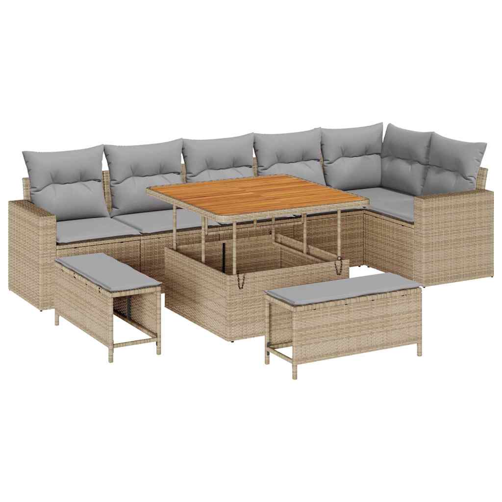 Gartensofa-set mit Kissen 11 pcs Beige und Hellgrau Poly-Rattan