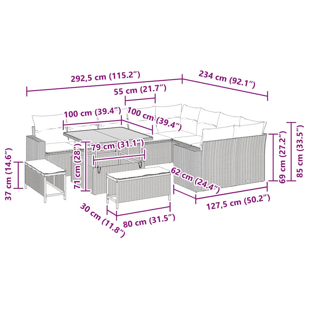 Gartensofa-set mit Kissen 13 pcs Schwarz Poly-Rattan
