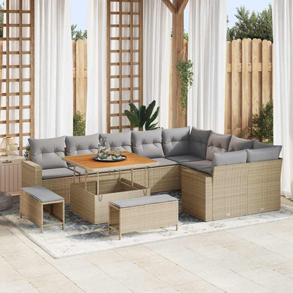 Gartensofa-set mit Kissen 13 pcs Beige und Hellgrau Poly-Rattan