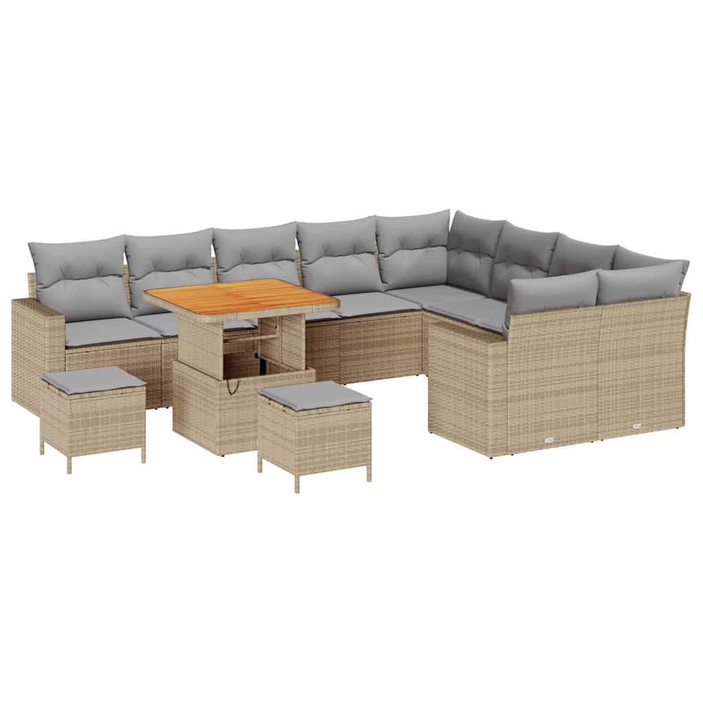 Gartensofa-set mit Kissen 13 pcs Beige und Hellgrau Poly-Rattan