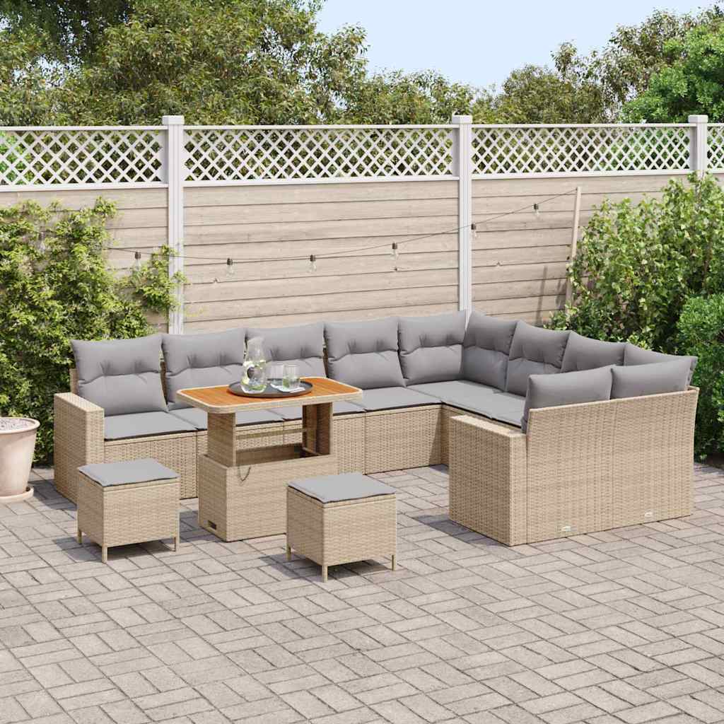 Gartensofa-set mit Kissen 13 pcs Beige und Hellgrau Poly-Rattan