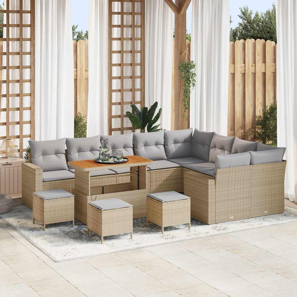 Gartensofa-set mit Kissen 14 pcs Beige und Hellgrau Poly-Rattan