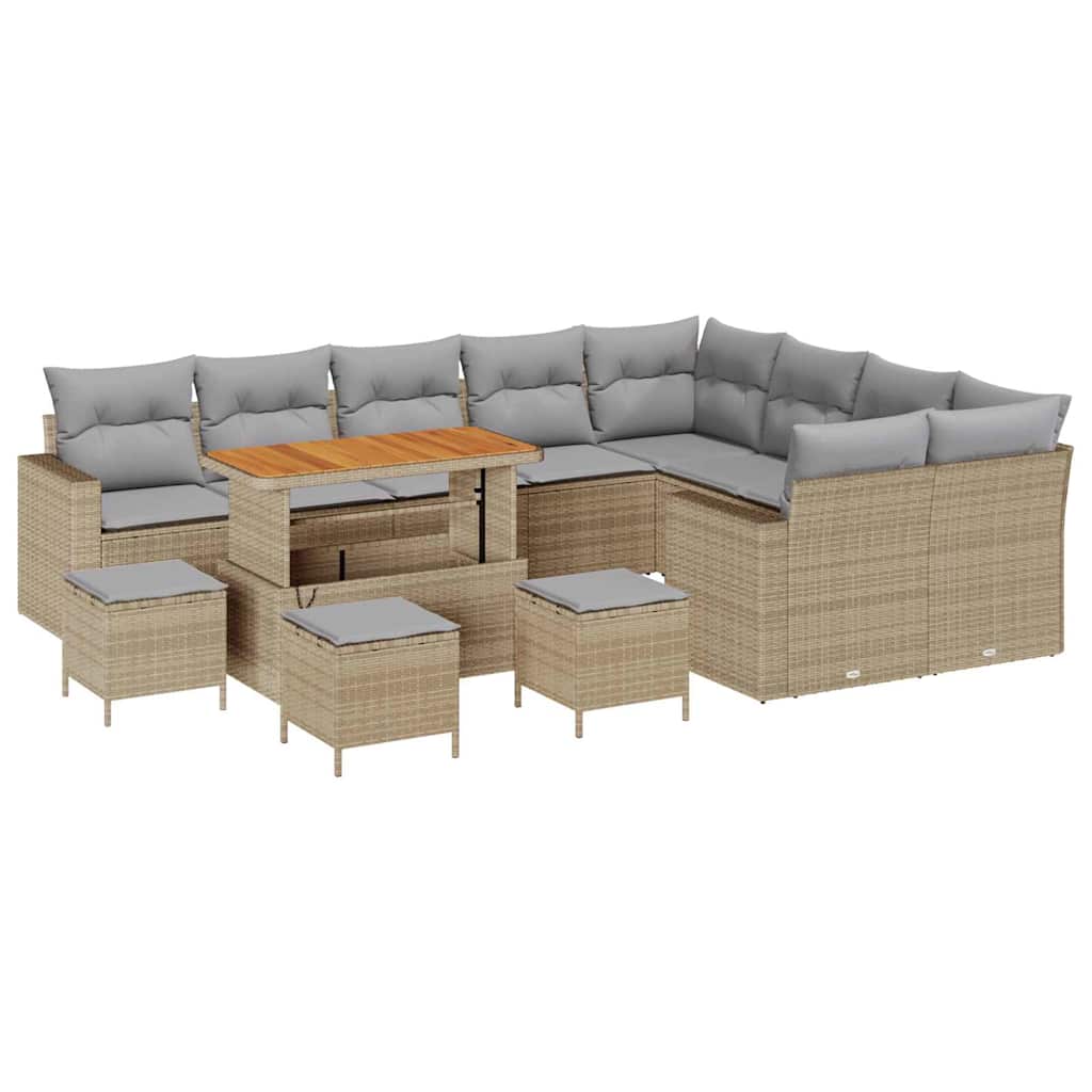Gartensofa-set mit Kissen 14 pcs Beige und Hellgrau Poly-Rattan
