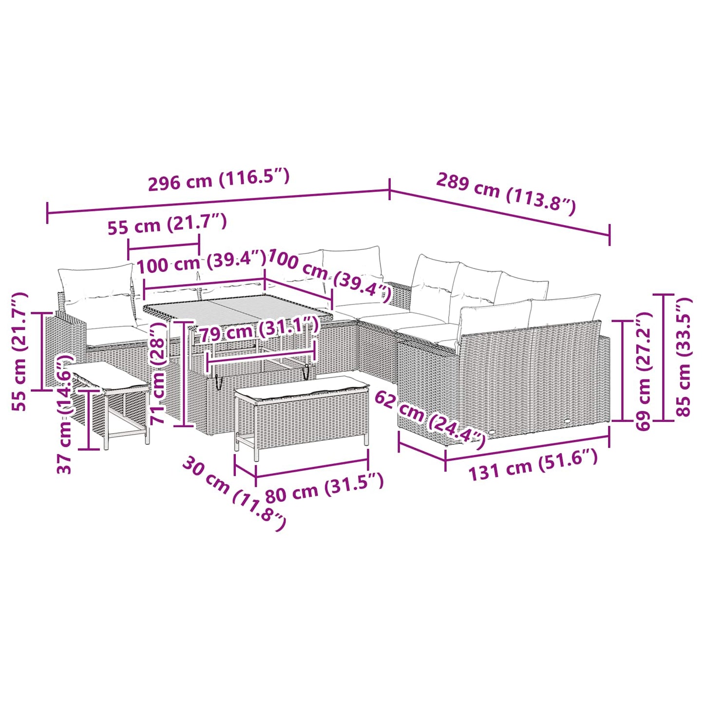 Gartensofa-set mit Kissen 17 pcs Schwarz Poly-Rattan