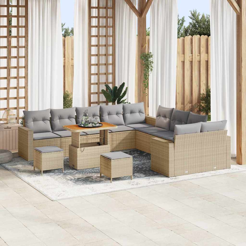 Gartensofa-set mit Kissen 17 pcs Beige und Hellgrau Poly-Rattan