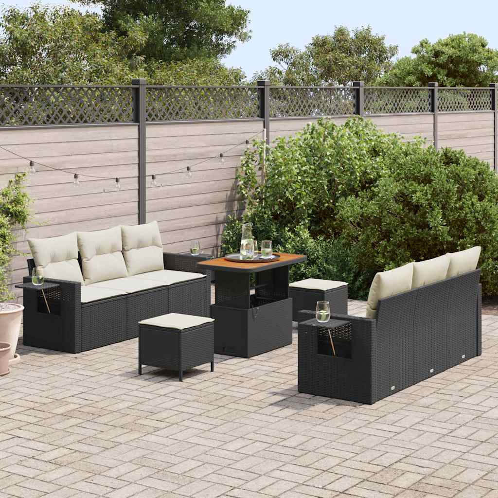 Garten-Sofa-Set mit Kissen mit Speicher 9 pcs Schwarz und Creme