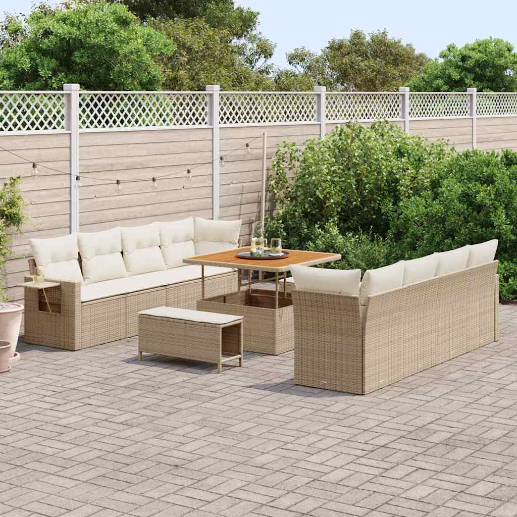 Gartensofa-set mit Kissen 11 pcs Beige und Creme Poly-Rattan