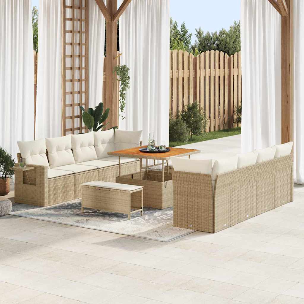 Gartensofa-set mit Kissen 11 pcs Beige und Creme Poly-Rattan