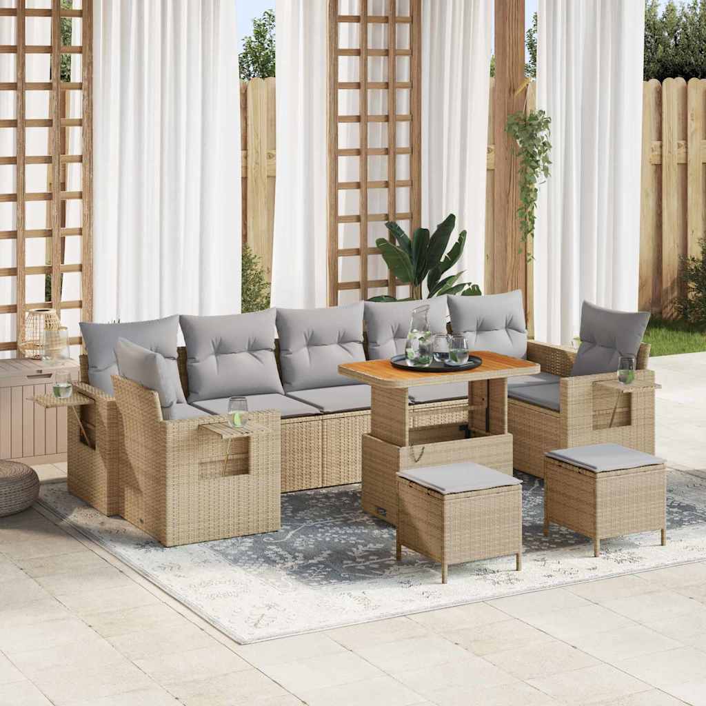 Gartensofa-set mit Kissen 10 pcs Beige und Hellgrau Poly-Rattan
