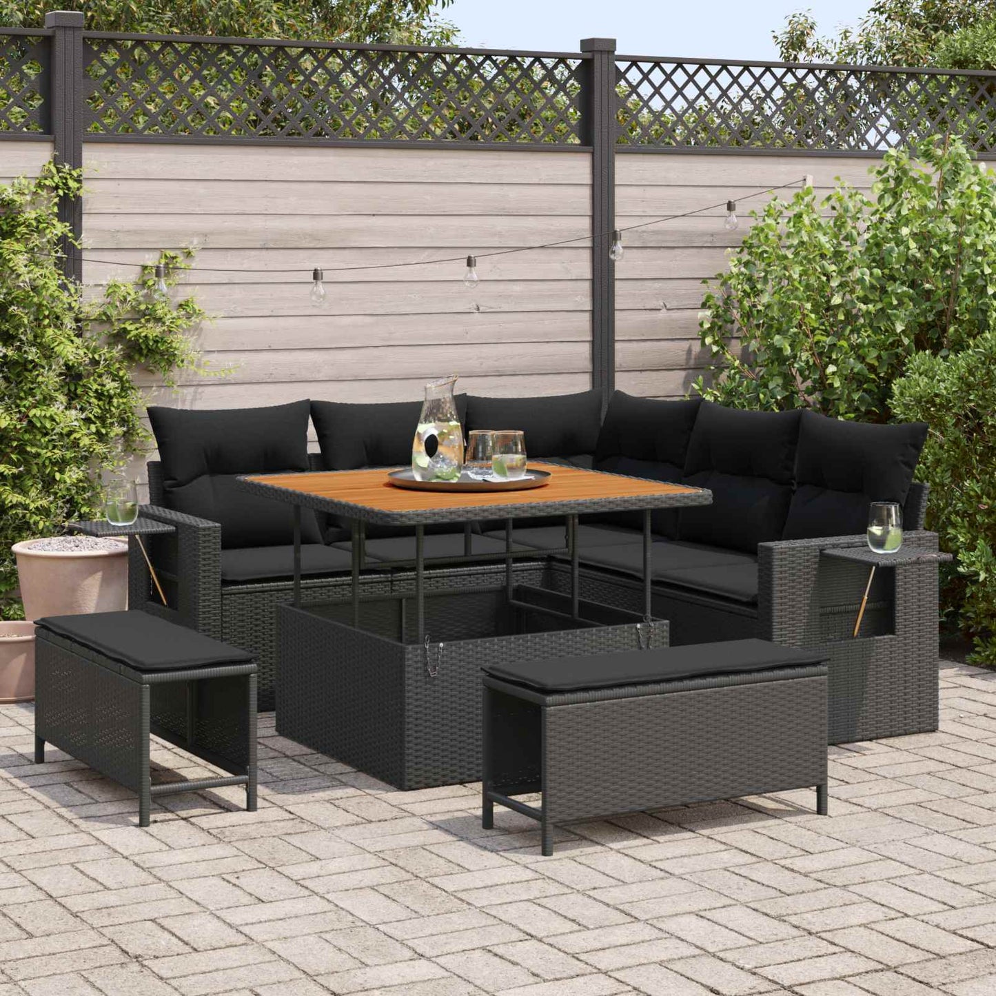 Gartensofa-set mit Kissen 9 pcs Schwarz Poly-Rattan