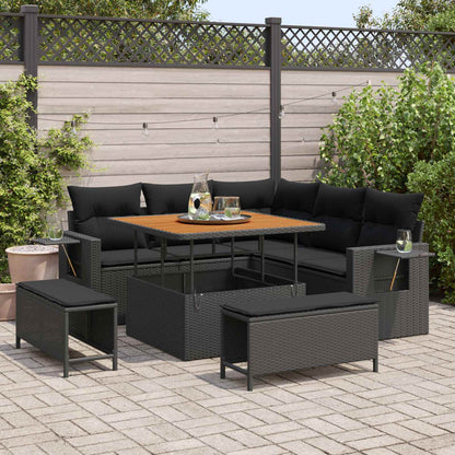 Gartensofa-set mit Kissen 9 pcs Schwarz Poly-Rattan