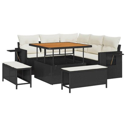 Gartensofa-set mit Kissen 9 pcs Schwarz und Creme Poly-Rattan