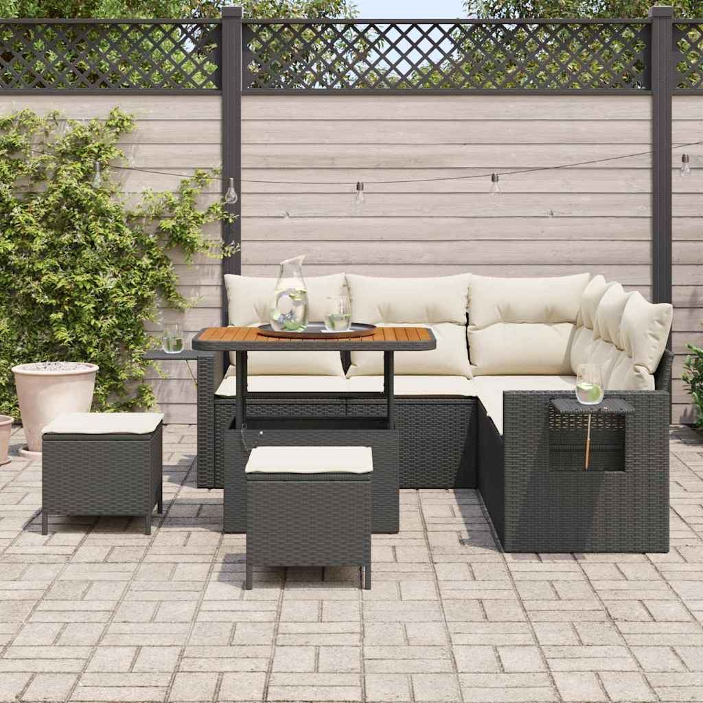 Gartensofa-set mit Kissen 9 pcs Schwarz und Creme Poly-Rattan