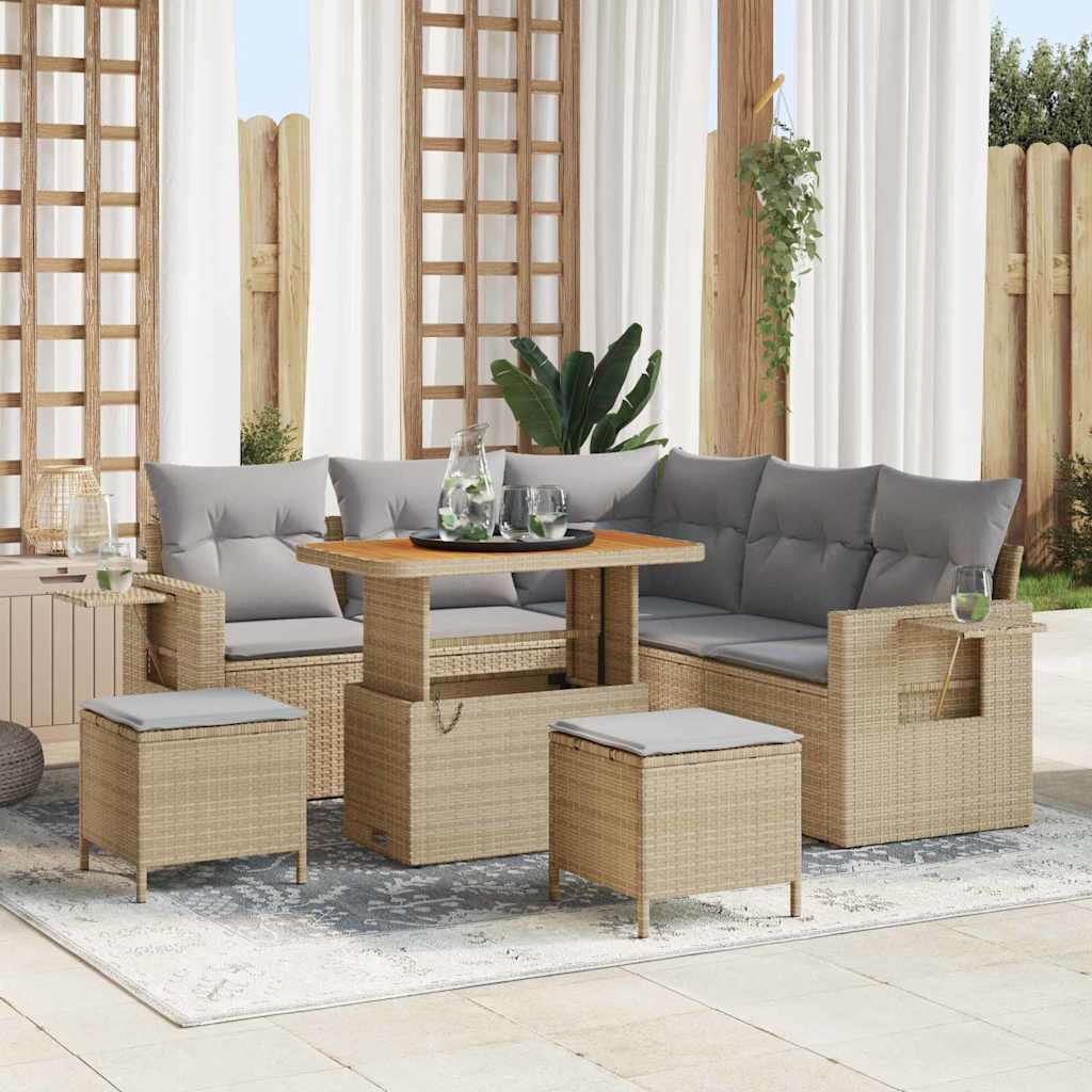 Gartensofa-set mit Kissen 9 pcs Beige und Hellgrau Poly-Rattan