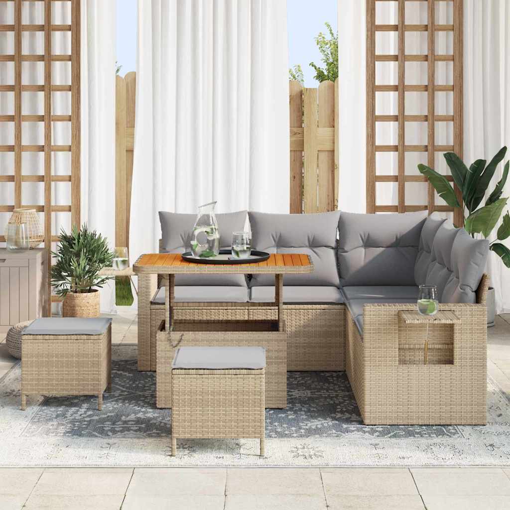 Gartensofa-set mit Kissen 9 pcs Beige und Hellgrau Poly-Rattan