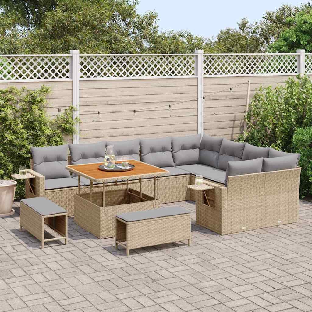Gartensofa-set mit Kissen 12 pcs Beige und Hellgrau Poly-Rattan