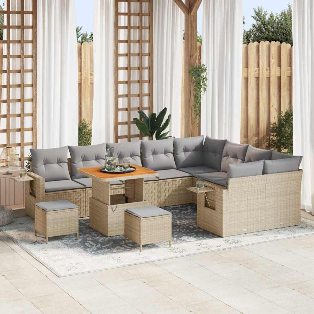 Gartensofa-set mit Kissen 12 pcs Beige und Hellgrau Poly-Rattan