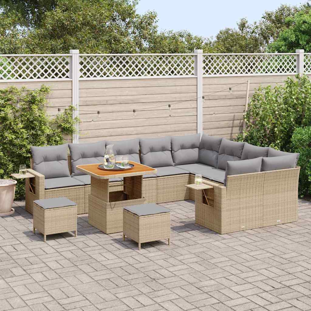 Gartensofa-set mit Kissen 12 pcs Beige und Hellgrau Poly-Rattan