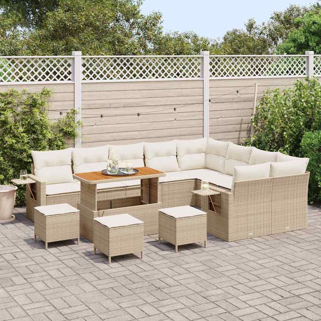 Gartensofa-set mit Kissen 13 pcs Beige und Creme Poly-Rattan
