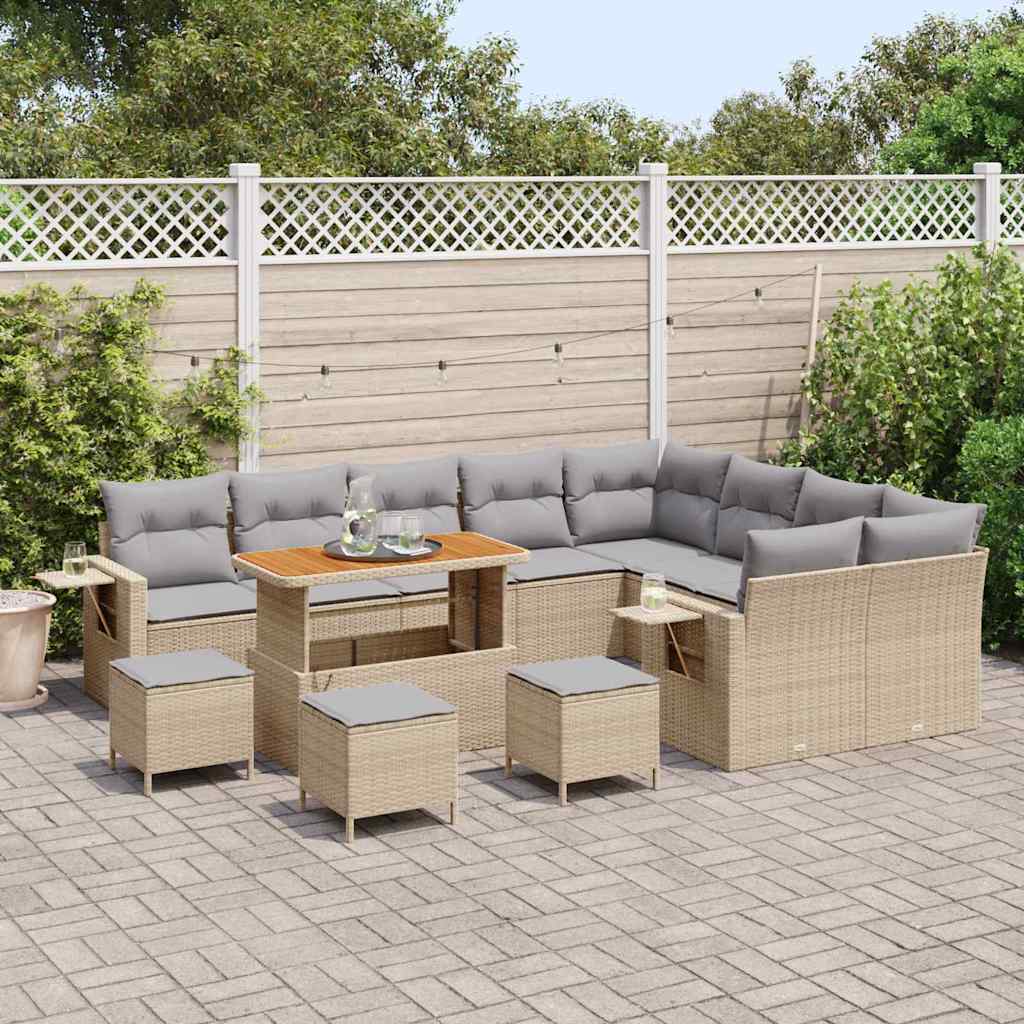 Gartensofa-set mit Kissen 13 pcs Beige und Hellgrau Poly-Rattan