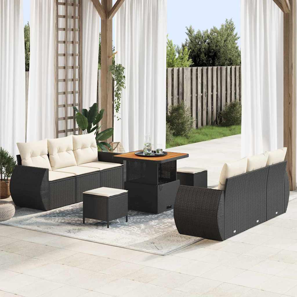 Gartensofa-set mit Kissen 9 pcs Schwarz und Creme Poly-Rattan