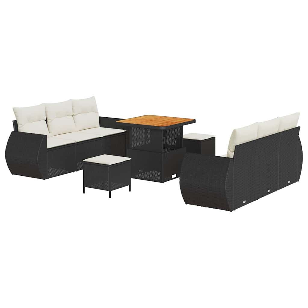 Gartensofa-set mit Kissen 9 pcs Schwarz und Creme Poly-Rattan