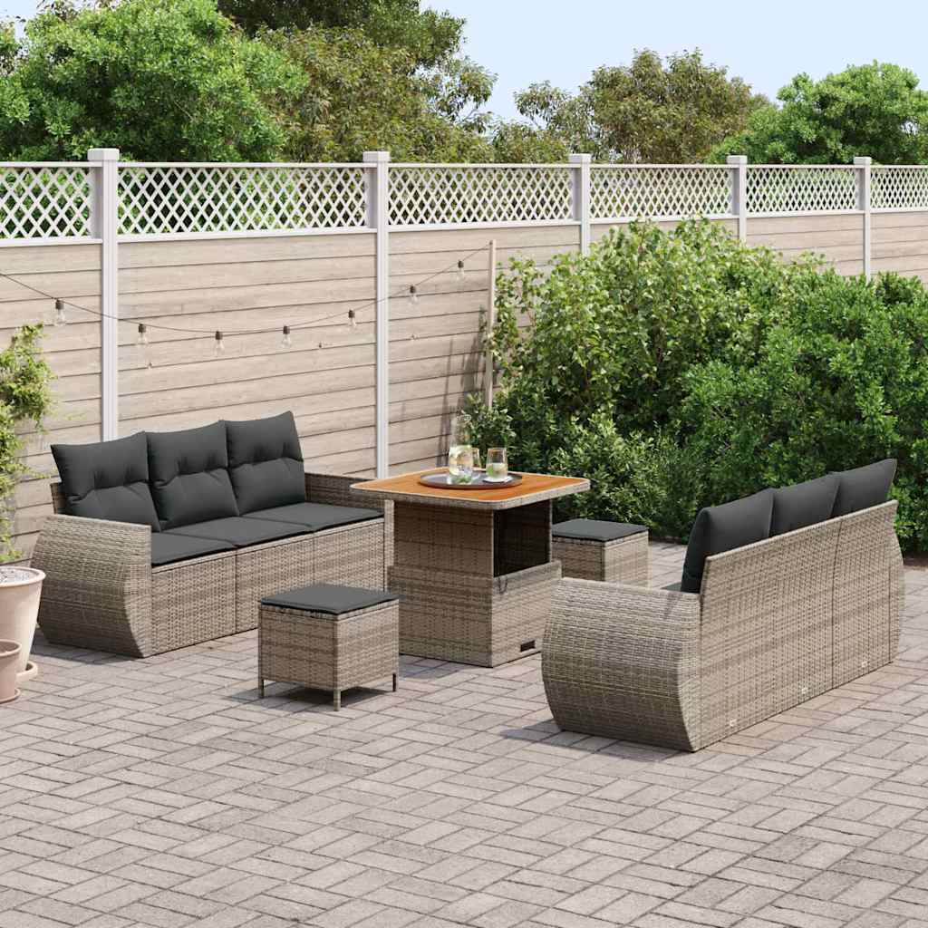 Gartensofa-set mit Kissen mit Speicher 9 pcs Grau Poly-Rattan