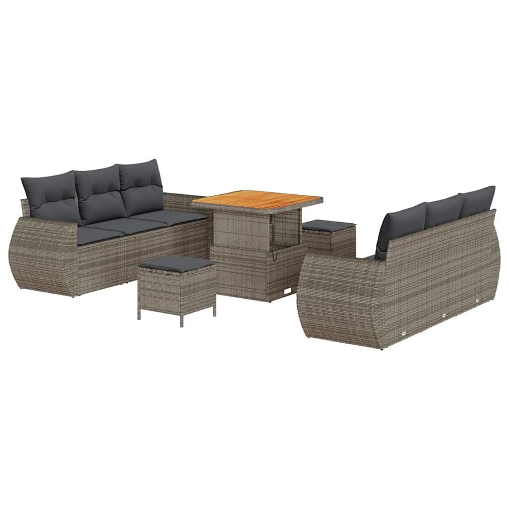 Gartensofa-set mit Kissen mit Speicher 9 pcs Grau Poly-Rattan