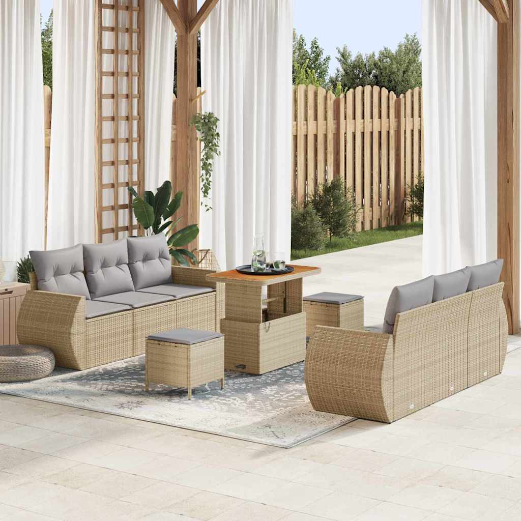 Gartensofa-set mit Kissen 9 pcs Beige und Hellgrau Poly-Rattan
