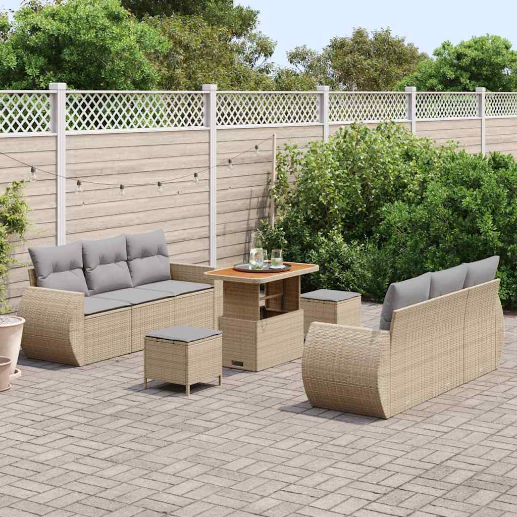 Gartensofa-set mit Kissen 9 pcs Beige und Hellgrau Poly-Rattan