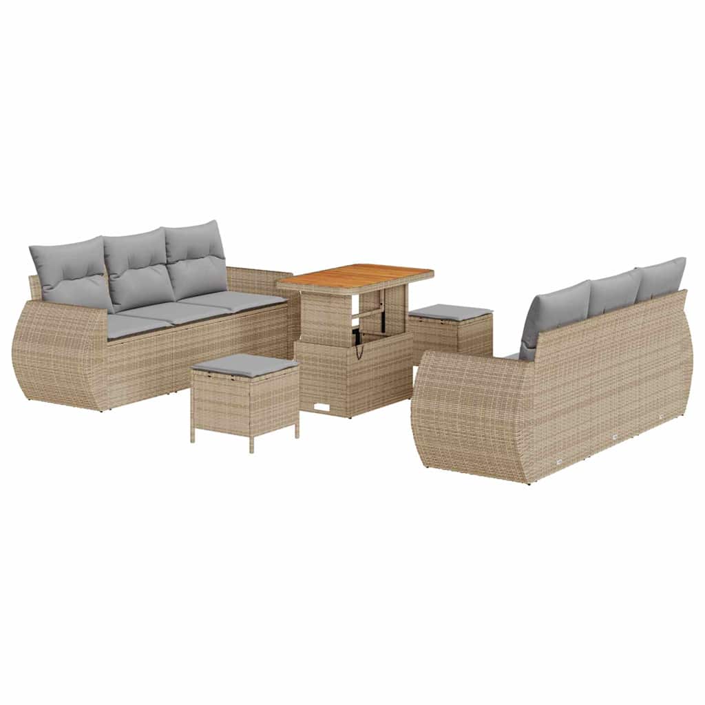 Gartensofa-set mit Kissen 9 pcs Beige und Hellgrau Poly-Rattan