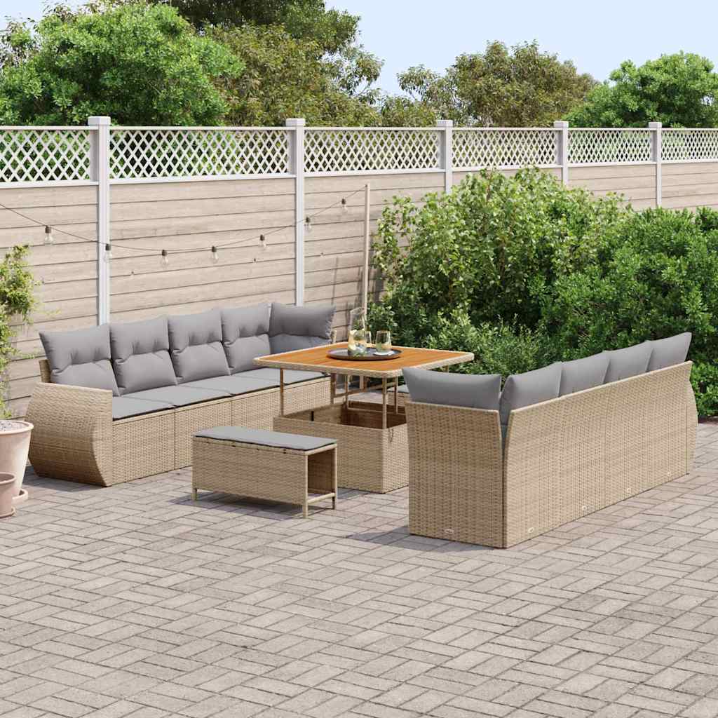 Garten-Sofa-Set mit Speicher 11 pcs Beige Poly Rattan