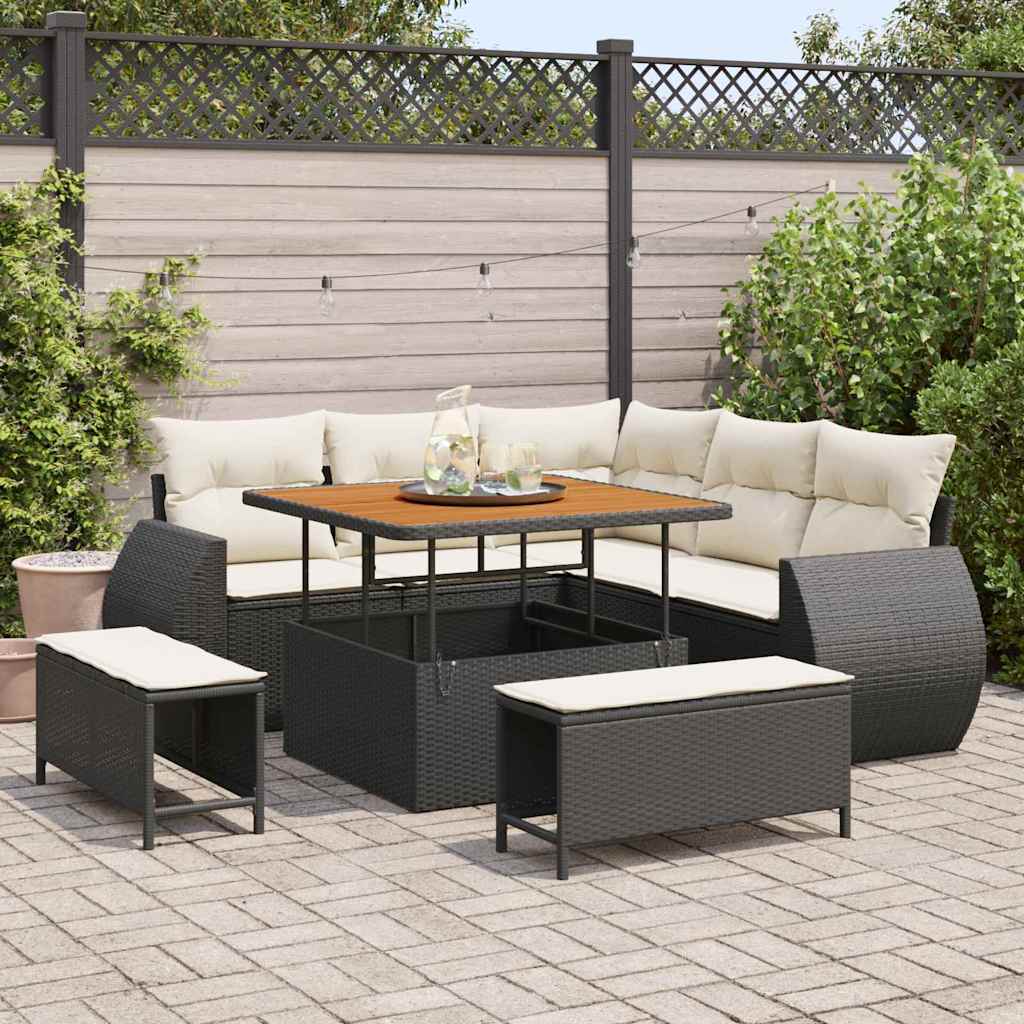 Gartensofa-set mit Kissen 8 pcs Schwarz und Creme Poly-Rattan