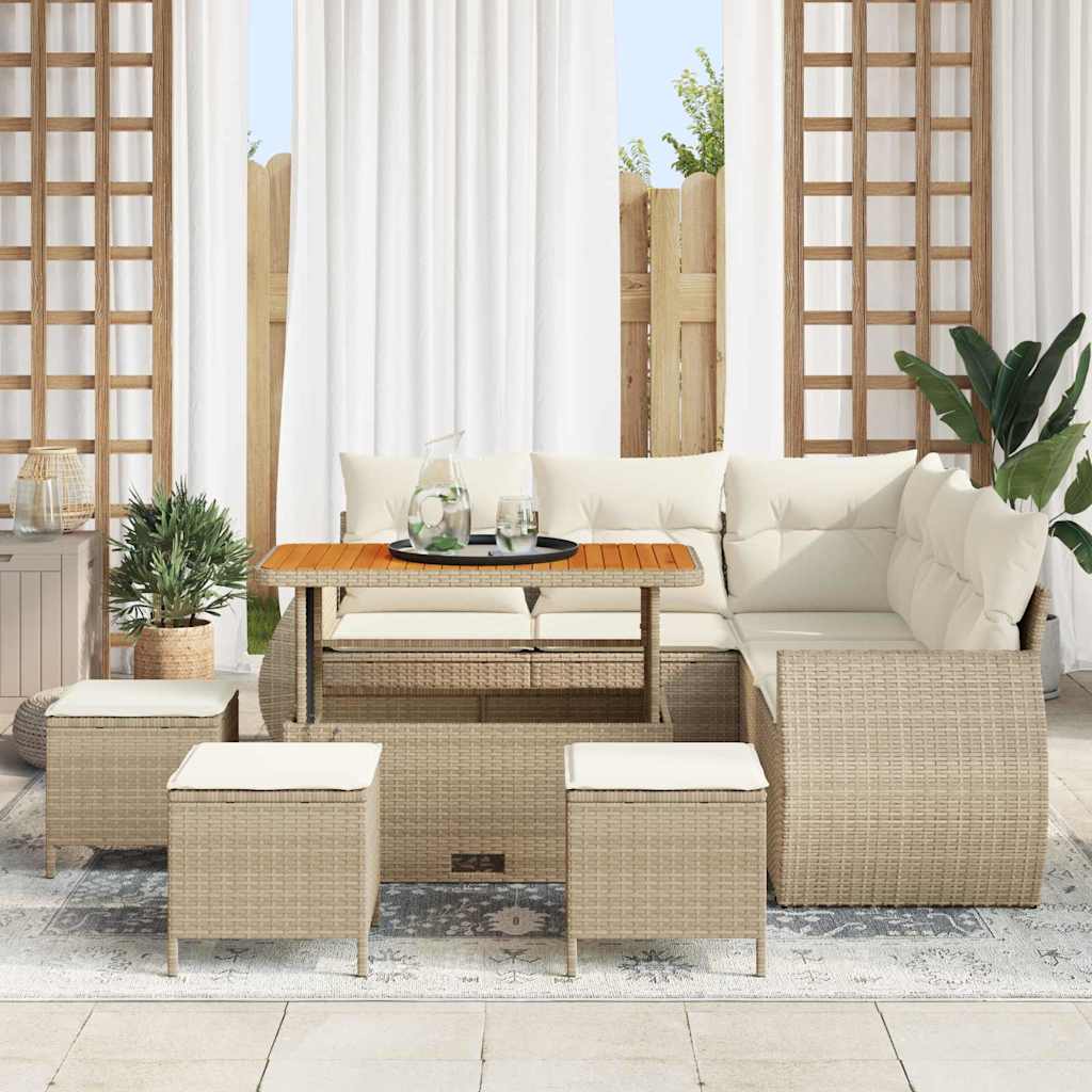 Gartensofa-set mit Kissen 9 pcs Beige und Creme Poly-Rattan