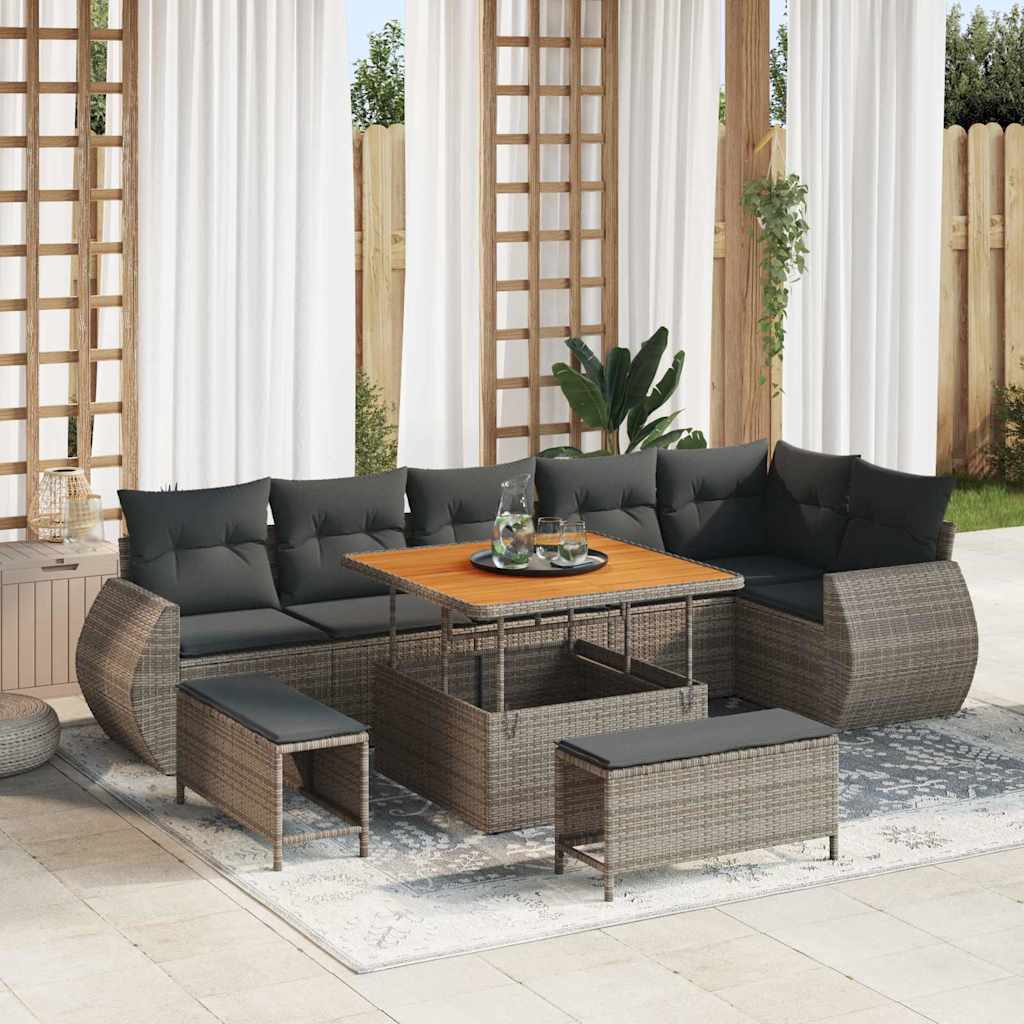 Gartensofa-set mit Kissen mit Speicher 9 pcs Grau Poly Rattan