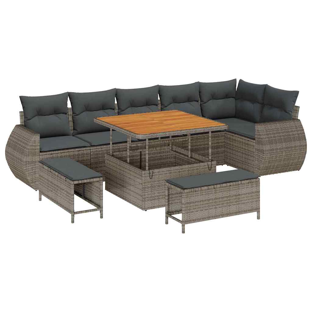 Gartensofa-set mit Kissen mit Speicher 9 pcs Grau Poly Rattan