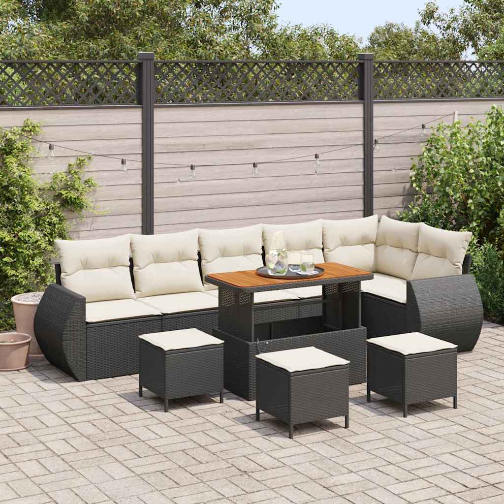 Gartensofa-set mit Kissen 10 pcs Schwarz und Creme Poly Rattan